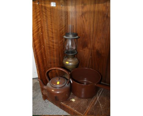 A VINTAGE MILLER OIL LAMP + A GALVANISED KETTLE + PAN