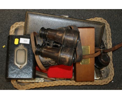 A TRAY OF COLLECTABLES TO INC VINTAGE LEMAIRE FAB+ BINOCULARS, VINTAGE TOOLS , GLASSES,ETC                                   