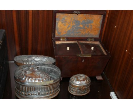 A SMALL VICTORIAN TEA CADDY + A SET OF GRADUATED COPPER LIDDED TRINKET BOXES