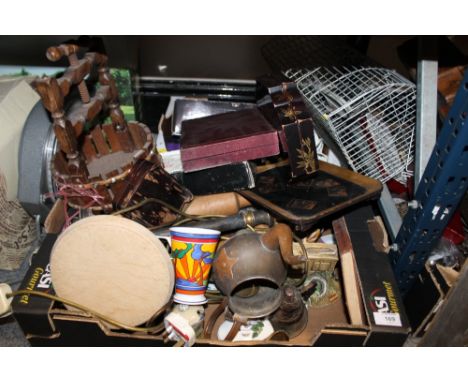 TWO TRAYS OF ASSORTED SUNDRIES TO INCLUDE PAPIERMACHE BOX, ART DECO MUG, DIGITAL PHOTO FRAME, SALTER SCALES ETC