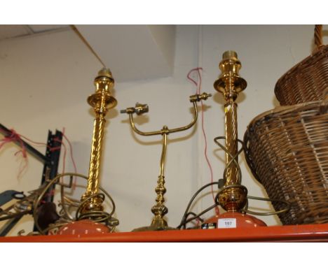 A PAIR OF ELECTRIC CANDLESTICK STYLE LAMPS + A BANKERS LAMP  A/F