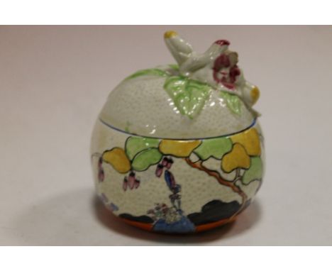 A CLARICE CLIFF ART DECO HAND PAINTED LIDDED SUGAR BOWL