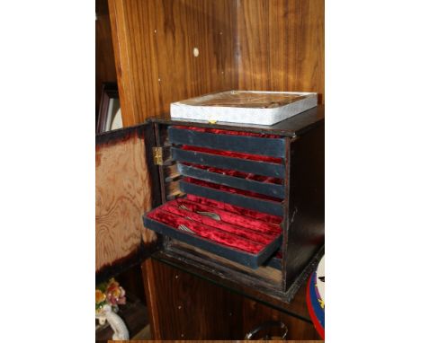 A VINTAGE WOODEN CUTLERY CUPBOARD + A SELECTION OF CUTLERY TO INCLUDE SILVER PLATED WARE