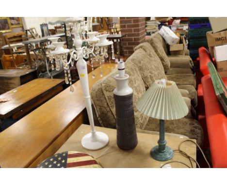 A FOUR BRANCH CANDLESTICK, TRIBAL STYLE STONEWARE LAMP & ANOTHER (3)