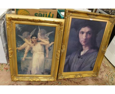 A LARGE GILT FRAMED PORTRAIT AND CHERUBIC SCENE