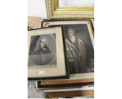 A FRAMED MEZZOTINT BEHIND GLASS - PORTRAIT HENRICUS SACHEVERELL AFTER T GIBSON ENGRAVED P SCHENK 1720 TOGETHER WITH A SELECTI