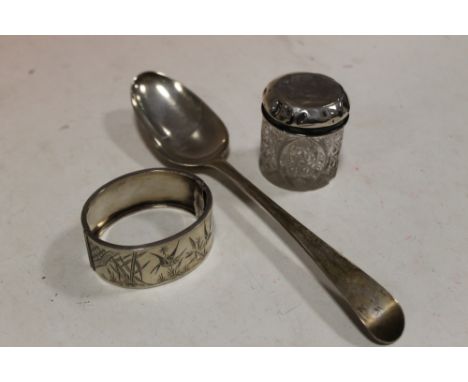 A SILVER LADIES BANGLE STAMPED STERLING SILVER TOPPED VANITY JAR & A VINTAGE HALLMARKED SILVER TABLESPOON (3)