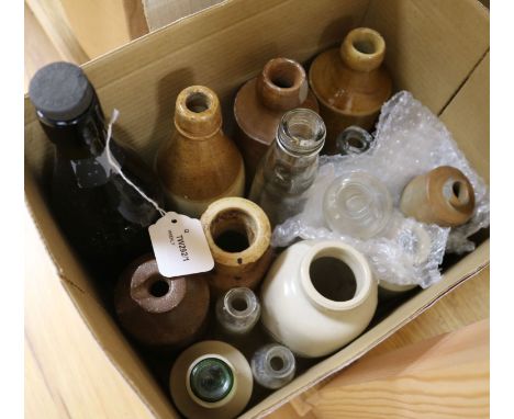A collection of advertising bottles, including three aqua glass codd examples, Sevenoaks Mineral Water Co., Ansell's, Tunbrid