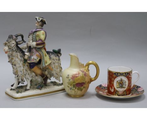 A Ginori figure, a Worcester cup and saucer and a jug