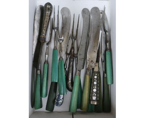 A collection of Georgian cutlery, green stained ivory and silver