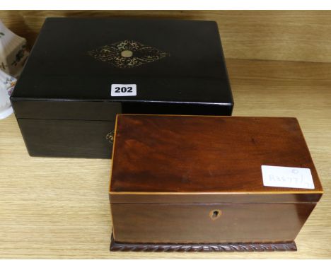 An ebonised mother of pearl box and tea caddy
