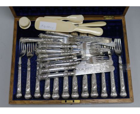 A quantity of plated fish knives and forks and ivory dressing table items, etc.