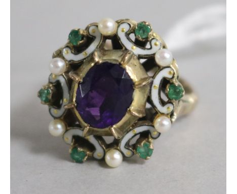 A 1970's Victorian style 9ct gold, amethyst and enamel dress ring, size P.