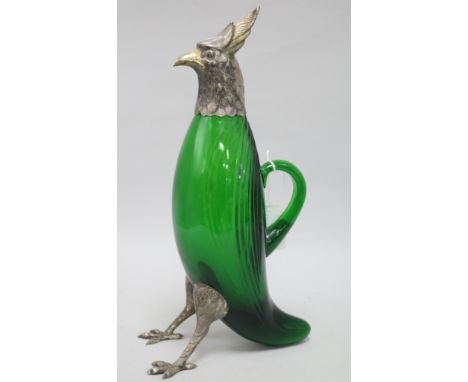 A Spanish novelty silver plate mounted green glass decanter modelled as a parakeet, stamped "Alpaca", 36.6cm.