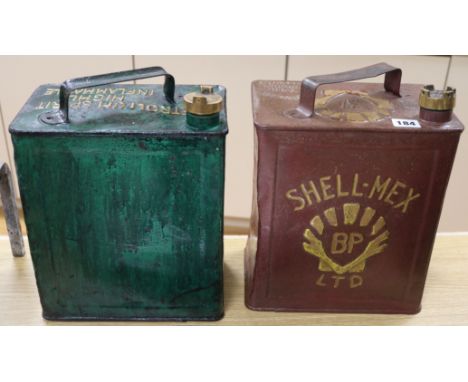 Two vintage petrol cans: Shell-Mex BP Ltd, and Petroleum Spirit-Highly Inflammable