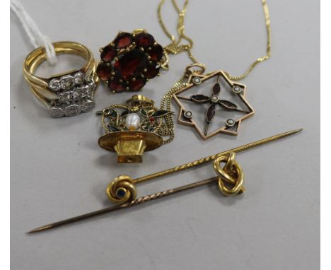Three gold and three stone diamond rings, two stamped 18ct. Two 15ct gold stick pins and three other items.