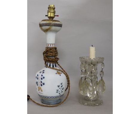 A Victorian glass lustre and a glass table lamp