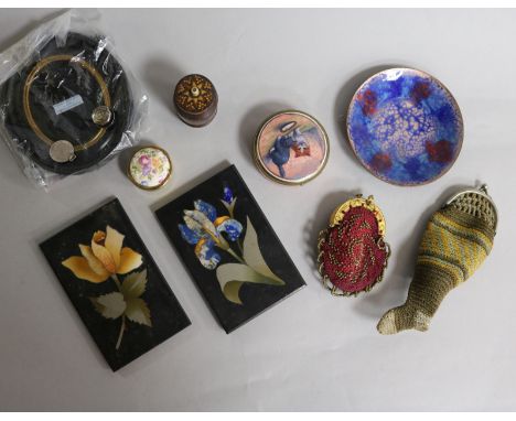 An enamel box, two pietra dura paperweights and other items