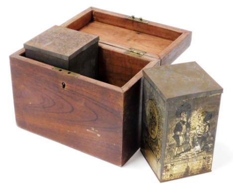 A mahogany tea caddy, enclosing a pair of associated pair of printed tea canisters, 23cm wide.  