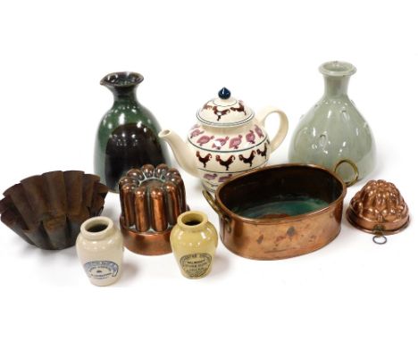 A group of pottery and kitchenalia, including a John Jelfs celadon glazed vase, Manchester Dairy and Creamery pottery stonewa