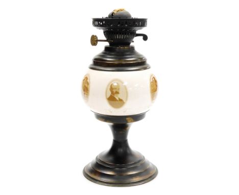 A Canada Dry ceramic and brassed metal oil lamp, printed with oval profiles of JJ Maclauglin, on a tapering base, 31cm high. 