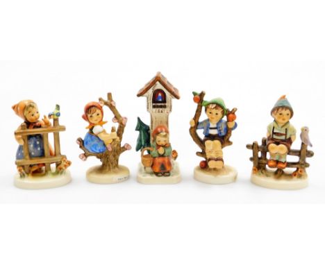 Five Hummel figures, comprising Apple Tree Girl, Apple Tree Boy, Wayside Harmony, Signs of Spring and another. 