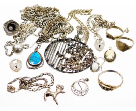 A group of silver and other jewellery, comprising a 9ct gold on silver dress ring, an abstract silver necklace, various chain