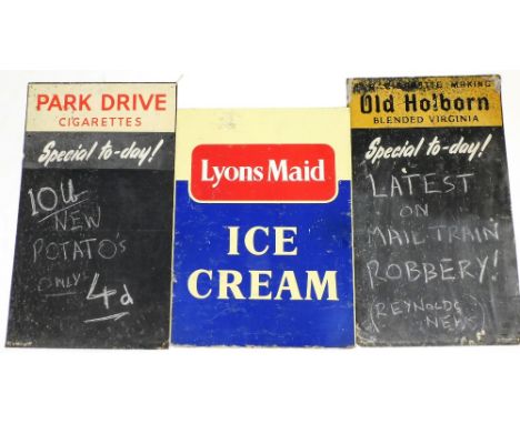 A Lyons Maid enamel advertising sign, 61cm x 46cm, an Old Holborn Blended Virginia cigarette enamel capped advertising blackb