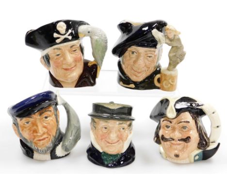 Five Royal Doulton character jugs, comprising Tam O'Shantar D636, Long John Silver D6386, Captain Ahab D6506, Captain Cuttle 