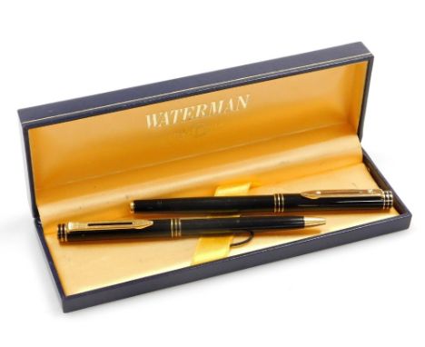 A Waterman 'Ideal' Paris fountain pen, in black with an 18k nib, and a matching ballpoint pen, boxed. 