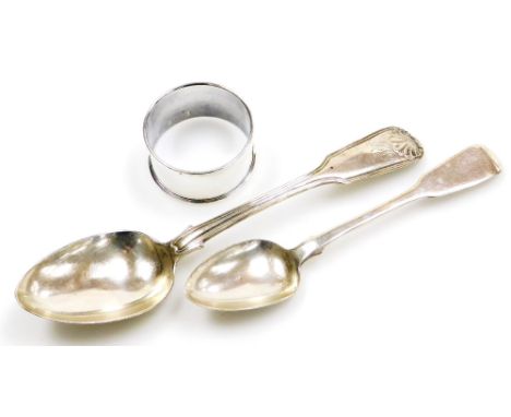 Three items of small silver, a George III silver fiddle pattern teaspoon, London 1798, a silver napkin ring, Sheffield 1977, 