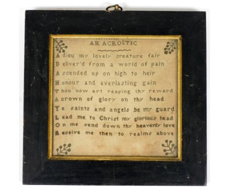 A 19thC needlework sampler, An Acrostic poem, by Ada H Taylor, 'A diet my lovely creature fair....Receive me then to realms a