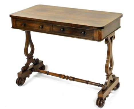 An early Victorian rosewood sofa or library table, the rectangular top with rounded corners, above two frieze drawers opposin