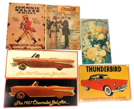 A group of enamel and tin advertising signs, for Coca-Cola, 40cm x 30cm, Johnnie Walker Whisky, 40cm x 30cm, 1957 Chevrolet B