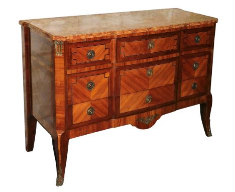 An early 20thC French kingwood break front commode, with a rectangular variegated red marble top above three long drawers eac