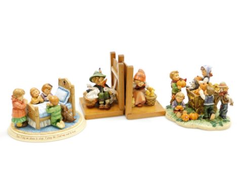 A Hummel 2016 first issue figure group A Bedtime Prayer, a similar titled Happy Harvest and a pair of Hummel bookends, Chick 