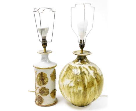 A studio pottery globular table lamp base with brass fitting, the lamp 31cm high, and another studio pottery table lamp of cy