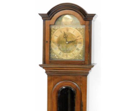 A grandmother clock, the arched brass dial signed Tempus Fugit, silvered chapter ring bearing Roman numerals, Westminster eig
