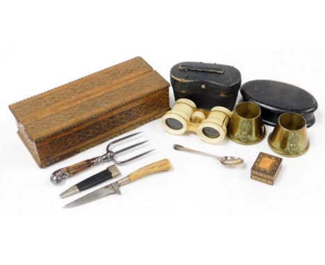 Miscellaneous items, to include two Royal Artillery shell case egg cups, a Tunbridge ware stamp box, small hunting knife with