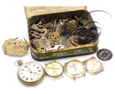 A group of watch parts, wristwatches and pocket watches, Services Army pocket watch, Dimetron Super Hat wristwatch head, Alpe