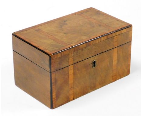 A 19thC walnut and satinwood cross banded tea caddy, of rectangular form, the hinged lid enclosing a twin lidded compartment 