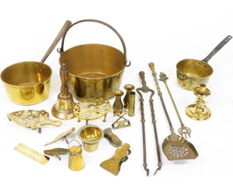 Brass and other metal ware, to include preserve pans, fire tongs, table lamp, etc. (a quantity)  