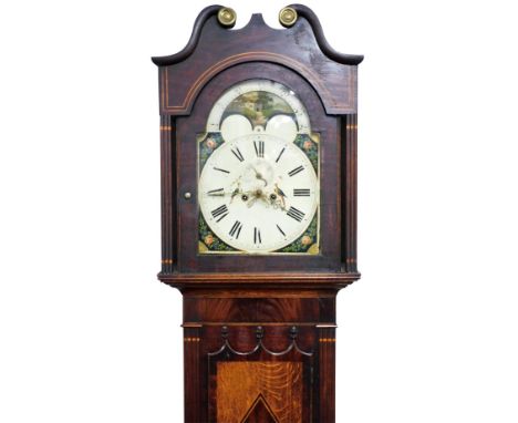 A mid 19thC longcase clock, the arched dial painted with a thatched cottage, flowers and Asiatic pheasants, bearing Roman num