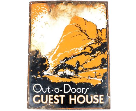 An Out-o-Doors Guest House enamel sign, 60cm x 46cm, (AF). 