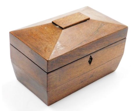 A 19thC rosewood sarcophagus shaped tea caddy, lacking interior and feet, 23cm wide.  