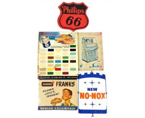 A group of tin and enamel signs, to include a Phillips 66 shield shaped road sign, 34cm x 34cm, No-Nox, 45cm x 29cm, Halcyon 
