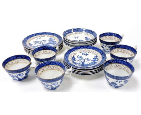 A Booths Real Old Willow pattern pottery part tea service, comprising six cups, saucers and plates, together with five fruit 