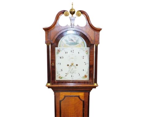 George Atkinson, Louth. A 19thC oak and mahogany longcase clock, the arched dial painted with a pheasant in woodland landscap