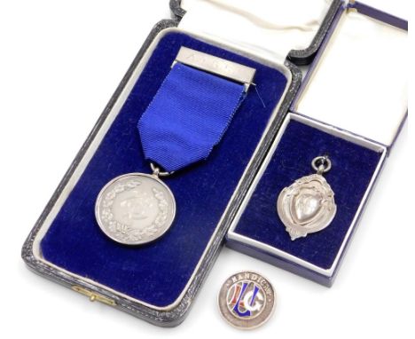 Three items of small silver, a London Schools Cadet Brigade 2nd long jump 1925 fob, Birmingham 1924, boxed, a silver and enam