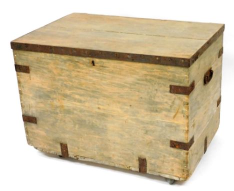 A bleached pine and metal silver chest, with vacant interior, on castors, 65cm high, 91cm wide, 60cm deep. 